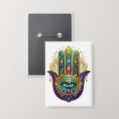 Paarse Groene Gouden Bloemblaadjes Hamsa Turquoise Button (Voorkant / Achterkant)
