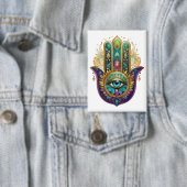 Paarse Groene Gouden Bloemblaadjes Hamsa Turquoise Button (Insitu)