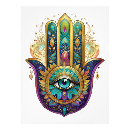Paarse Groene Gouden Bloemblaadjes Hamsa Turquoise Foto Afdruk
