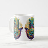 Paarse Groene Gouden Bloemblaadjes Hamsa Turquoise Koffiemok (Voorkant links)
