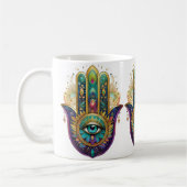 Paarse Groene Gouden Bloemblaadjes Hamsa Turquoise Koffiemok (Links)