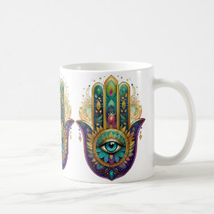 Paarse Groene Gouden Bloemblaadjes Hamsa Turquoise Koffiemok