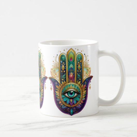 Paarse Groene Gouden Bloemblaadjes Hamsa Turquoise Koffiemok (Rechts)