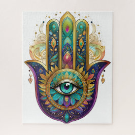 Paarse Groene Gouden Bloemblaadjes Hamsa Turquoise Legpuzzel