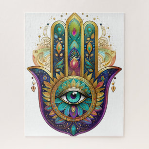 Paarse Groene Gouden Bloemblaadjes Hamsa Turquoise Legpuzzel