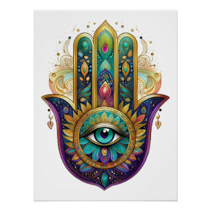 Paarse Groene Gouden Bloemblaadjes Hamsa Turquoise Perfect Poster