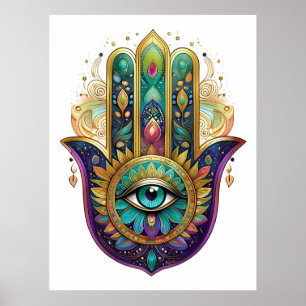 Paarse Groene Gouden Bloemblaadjes Hamsa Turquoise Poster