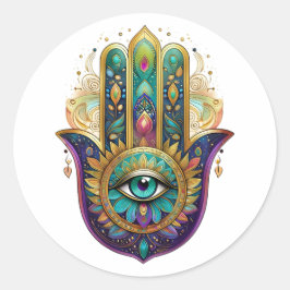 Paarse Groene Gouden Bloemblaadjes Hamsa Turquoise Ronde Sticker