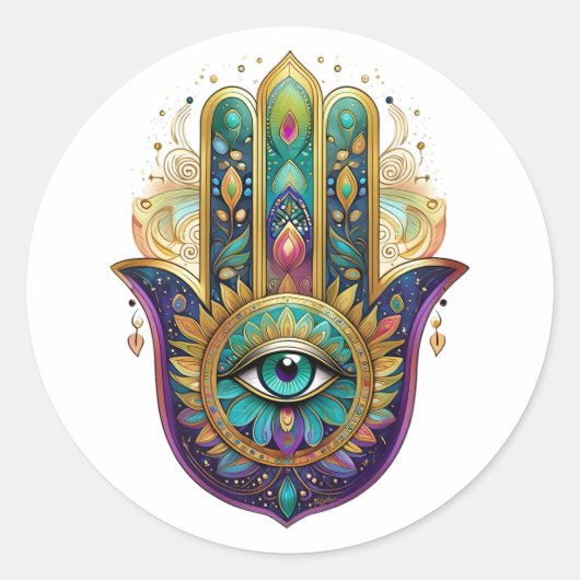 Paarse Groene Gouden Bloemblaadjes Hamsa Turquoise Ronde Sticker (Voorkant)