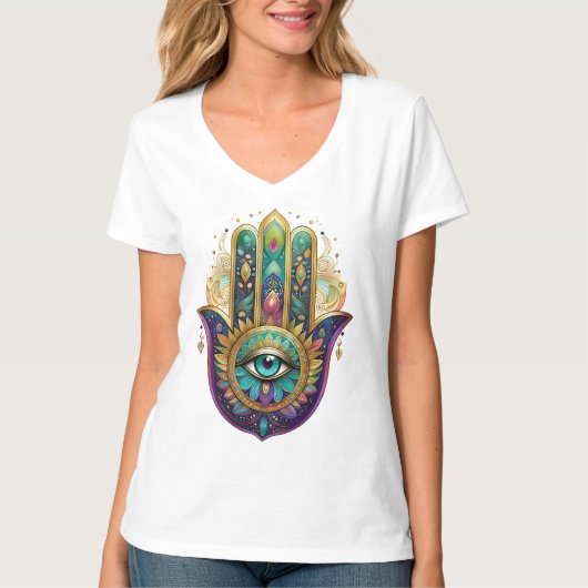 Paarse Groene Gouden Bloemblaadjes Hamsa Turquoise T-shirt (Voorkant)