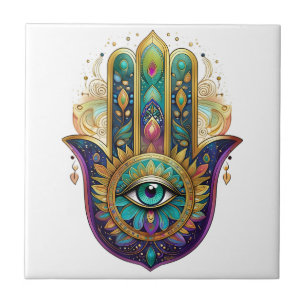 Paarse Groene Gouden Bloemblaadjes Hamsa Turquoise Tegeltje