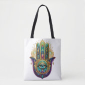 Paarse Groene Gouden Bloemblaadjes Hamsa Turquoise Tote Bag (Voorkant)