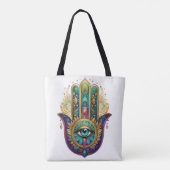 Paarse Groene Gouden Bloemblaadjes Hamsa Turquoise Tote Bag (Achterkant)