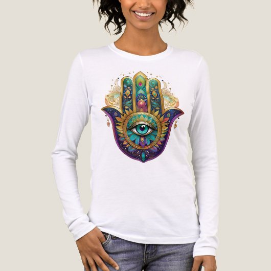 Paarse Groene Gouden Bloemblaadjes Hamsa Turquoise Tri-Blend Shirt (Voorkant volledig)