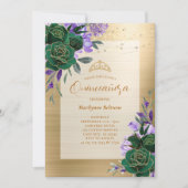 Paarse groene gouden Floral Quinceañera Kaart (Voorkant)