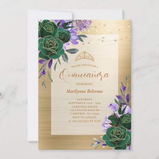 Paarse groene gouden Floral Quinceañera Kaart (Voorkant)