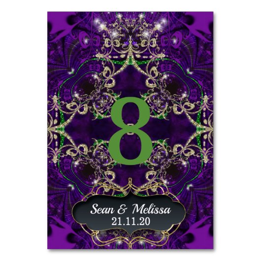 Paarse Groene Gouden Sparkle Tafelaantal Kaart (Achterkant)