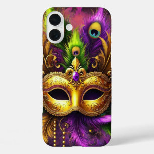 PAARSE GROENE GOUDEN UITGEBREIDE MARDI GRAS MASKER iPhone 16 PLUS HOESJE