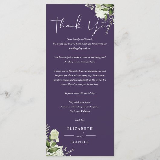 Paarse Groene Huwelijk Bedankkaart Menu (Voorkant)