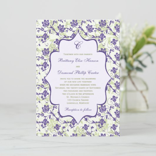 Paarse groene Ivory - uitnodiging tot huwelijk (Staand voorkant)