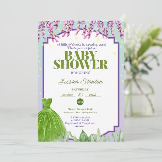 Paarse Groene Jurk en Roze Baby shower Uitnodiging (Staand voorkant)
