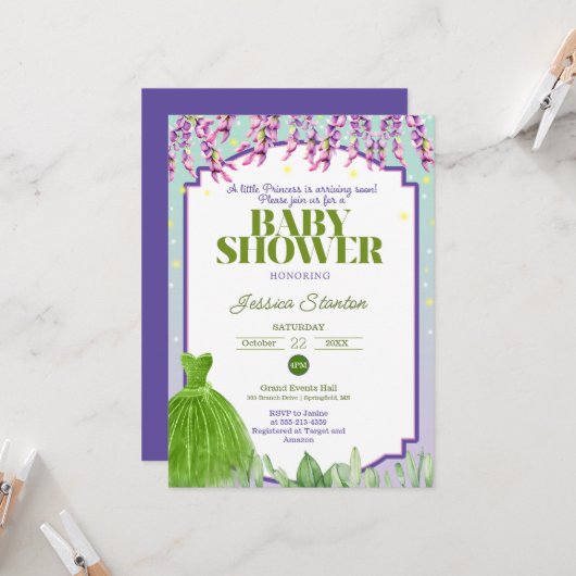 Paarse Groene Jurk en Roze Baby shower Uitnodiging (Voorkant / Achterkant in situ)