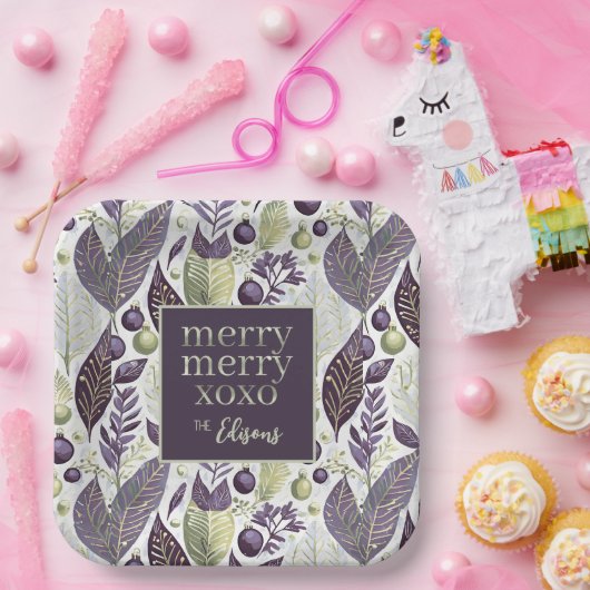 Paarse Groene Kerstmis Merry Pattern#21 ID1009 Papieren Bordje (Feest)