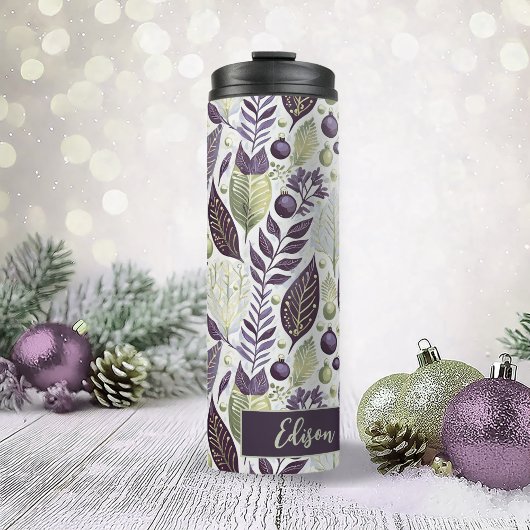 Paarse Groene Kerstmis Merry Pattern#21 ID1009 Thermosbeker