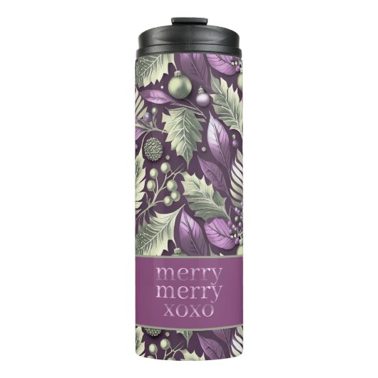 Paarse Groene Kerstmis Merry Pattern#22 ID1009 Thermosbeker (Voorkant)