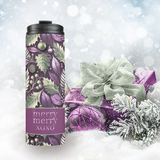 Paarse Groene Kerstmis Merry Pattern#22 ID1009 Thermosbeker