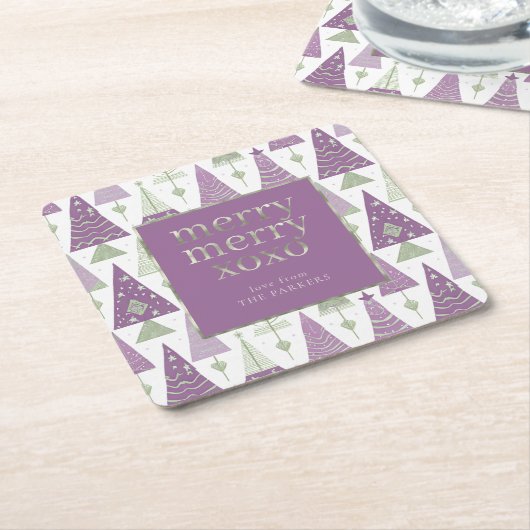 Paarse Groene Kerstmis Merry Pattern#25 ID1009 Kartonnen Onderzetters (Schuin)