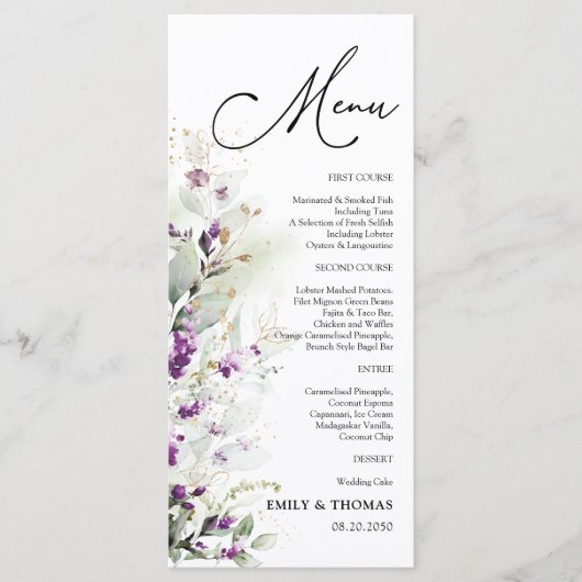 Paarse groene lavendel Vrijgezellenfeest Menu (Voorkant)