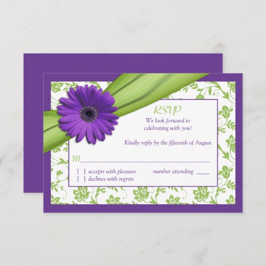Paarse Groene Madeliefjes Bloemige Trouwreactiekaa RSVP Kaartje (Voorkant / Achterkant)