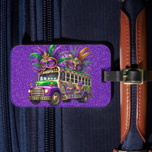 PAARSE & GROENE MARDI GRAS BUS & VEREN BAGAGELABEL (Voorkant Insitu 4)