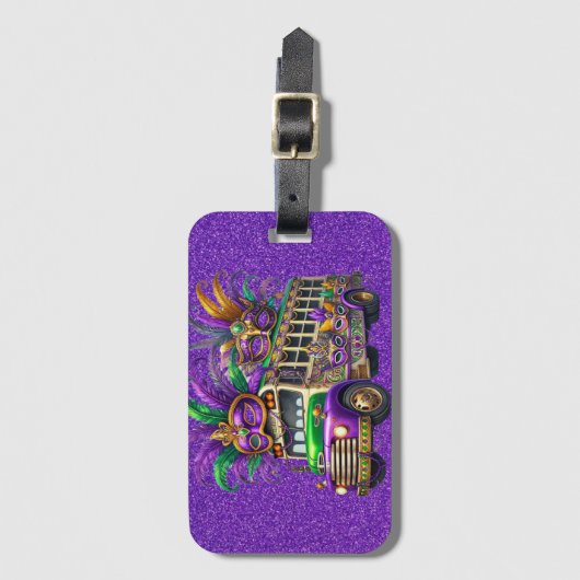 PAARSE & GROENE MARDI GRAS BUS & VEREN BAGAGELABEL (Voorkant (verticaal))