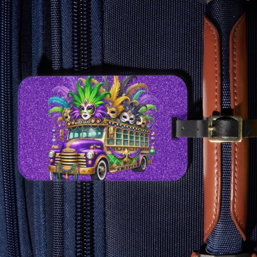 PAARSE & GROENE MARDI GRAS BUS & VEREN BAGAGELABEL (Voorkant Insitu 4)