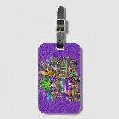 PAARSE & GROENE MARDI GRAS BUS & VEREN BAGAGELABEL (Voorkant (verticaal))