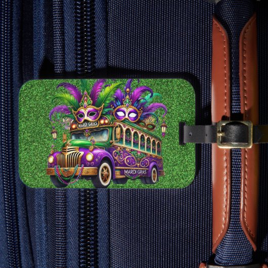 PAARSE & GROENE MARDI GRAS BUS & VEREN BAGAGELABEL (Voorkant Insitu 4)