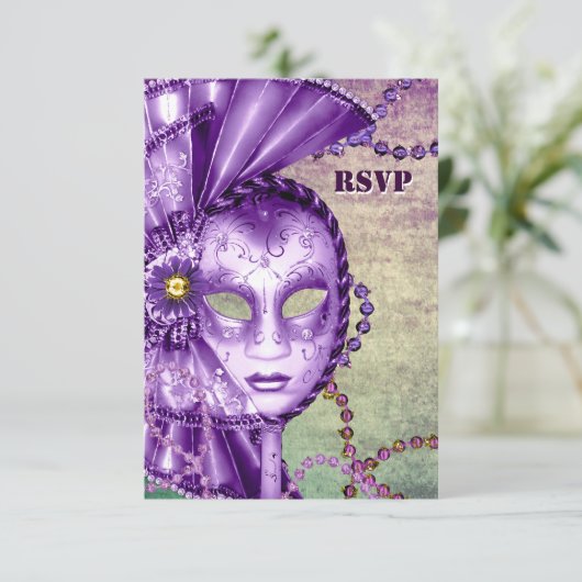 Paarse Groene Mardi Gras Kralen Masker Masquerade  RSVP Kaartje (Staand voorkant)
