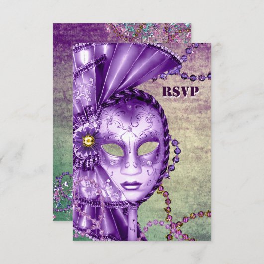 Paarse Groene Mardi Gras Kralen Masker Masquerade  RSVP Kaartje (Voorkant / Achterkant)