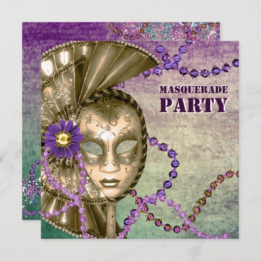 Paarse groene Mardi Gras kralen Masquerade Party Kaart (Voorkant / Achterkant)