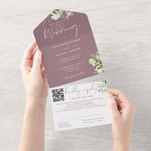 Paarse Groene Monogram QR Code Trouwen All In One Uitnodiging (Afscheurbaar)