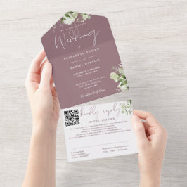Paarse Groene Monogram QR Code Trouwen All In One Uitnodiging