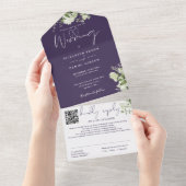 Paarse Groene Monogram QR Code Trouwen All In One Uitnodiging (Afscheurbaar)