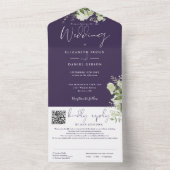 Paarse Groene Monogram QR Code Trouwen All In One Uitnodiging (Binnen)