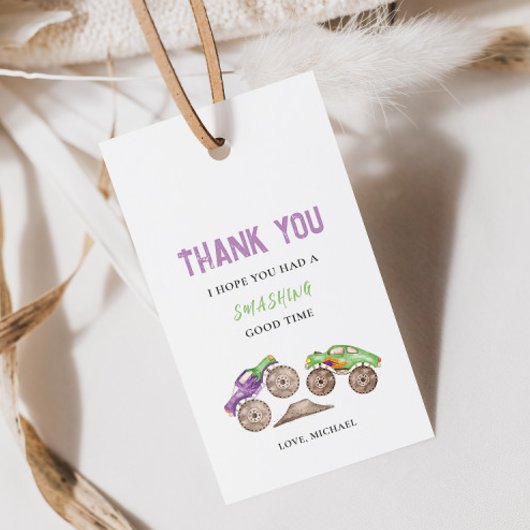 Paarse Groene Monstertrucks Verjaardagscadeautag Cadeaulabel