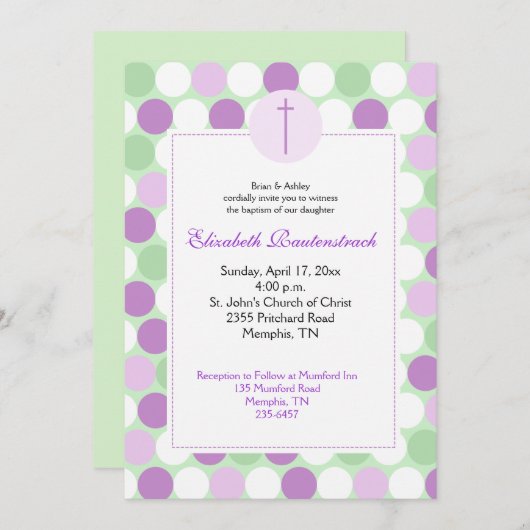 Paarse/groene Multicolor Dot Baptisme Uitnodiging (Voorkant / Achterkant)