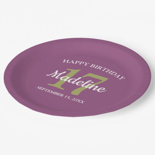Paarse groene naam Leeftijd 17e verjaardag Partij  Papieren Bordje (Gekanteld)