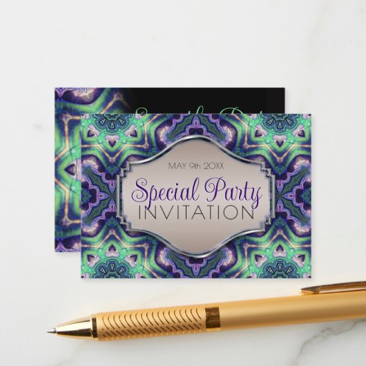 Paarse groene pauw mandala modern middeleeuws informatiekaartje (Voorkant / Achterkant in situ)