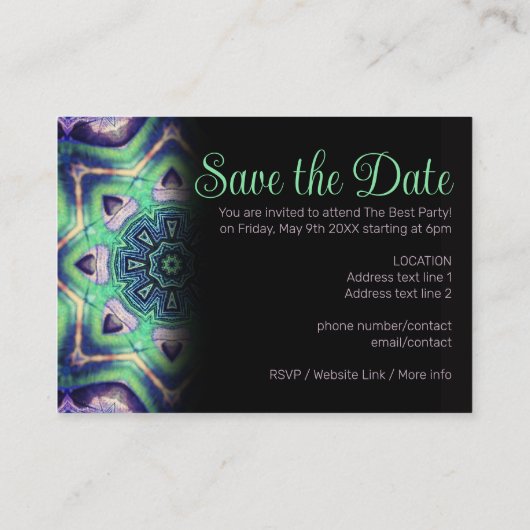 Paarse groene pauw mandala modern middeleeuws informatiekaartje (Achterkant)